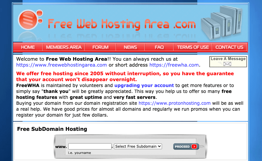 freewebhostingarea hosting gratis para crear un sitio web